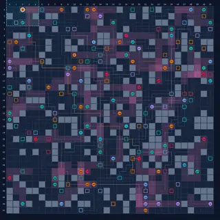 Recorded DEC-MAPF simulation with 80 agents on a 32 by 32 obstacle map, following agent 2 with a white ring and cyan field of view.